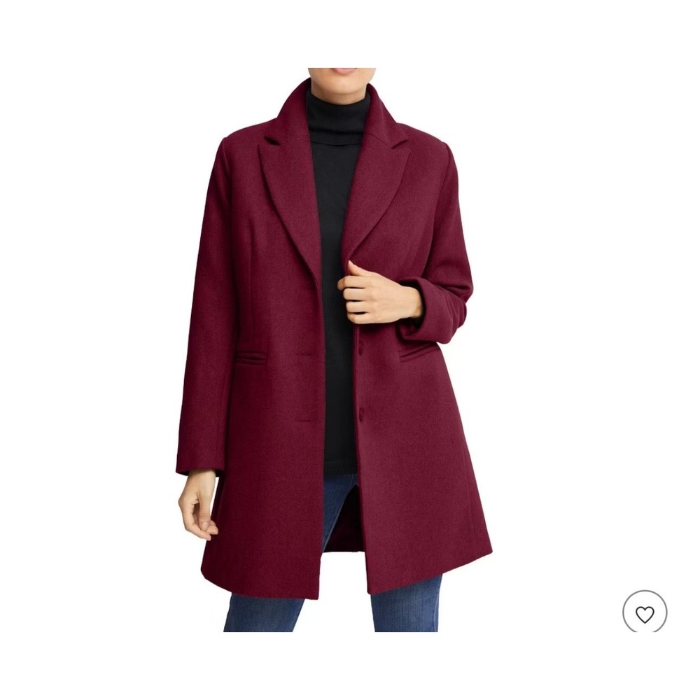 Ellos Womens Burgundy Notched Lapel Three Button Walker Coat Maroon